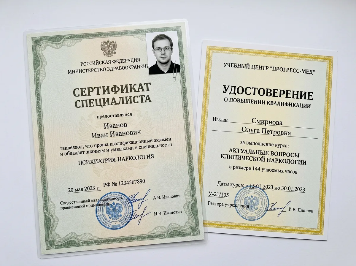 Сертификаты специалистов врачей-наркологов, профессиональные удостоверения о прохождении повышения квалификации по наркологии, документы на белом фоне