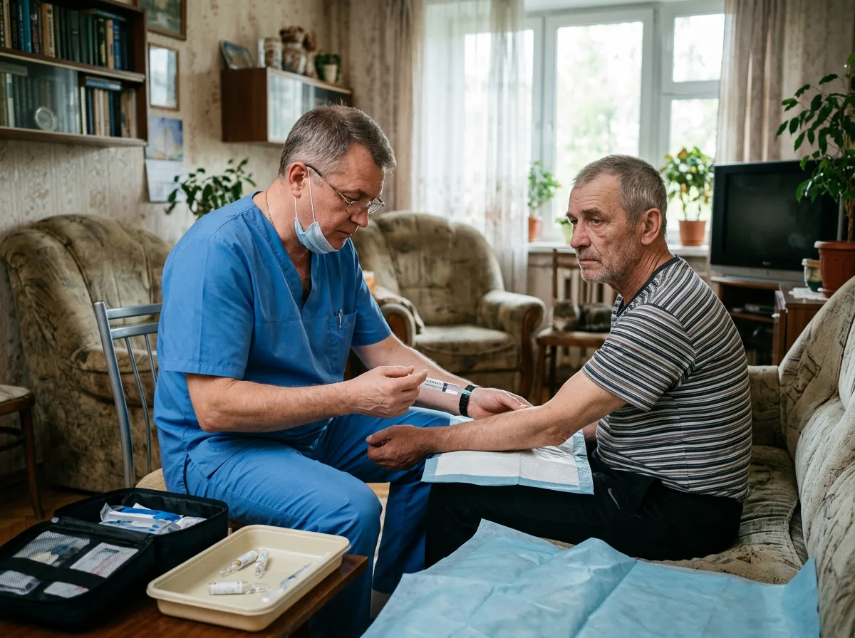 Процедура кодирования от алкоголизма на дому у пациента, врач проводит медикаментозное кодирование, домашняя обстановка